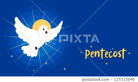 Pentecost Sunday Holy Spirit. White Dove with Halo on Blue Background Banner. Catholics or Christians Religious Culture Holiday. Horizontal Poster for Biblical Series. Vector Illustration Pentecost Sunday Holy Spirit. White Dove with Halo on Blue Background Banner. Catholics or Christians Religious Culture Holiday. Horizontal Poster for Biblical Series. Vector Illustration 125515040