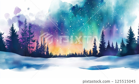 Northern Lights in Lapland. Northern Lights in Lapland hand drawn watercolor illustration 125515045
