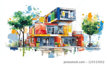 LEGO House in Billund. LEGO House in Billund hand drawn watercolor illustration LEGO House in Billund. LEGO House in Billund hand drawn watercolor illustration 125515052