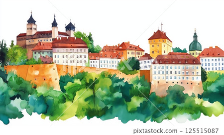Ljubljana Castle. Ljubljana Castle hand drawn watercolor illustration 125515087