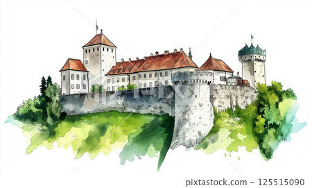 Ljubljana Castle. Ljubljana Castle hand drawn watercolor illustration 125515090
