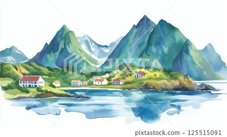 Lofoten Islands. Lofoten Islands hand drawn watercolor illustration Lofoten Islands. Lofoten Islands hand drawn watercolor illustration 125515091