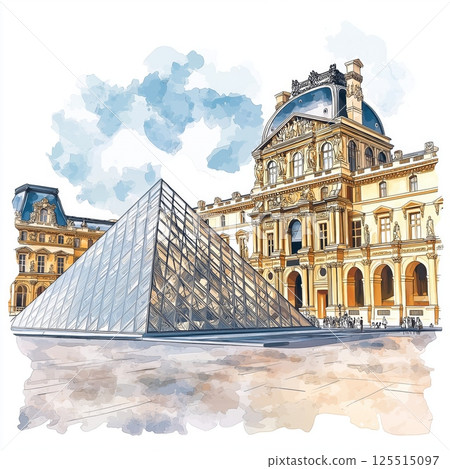 Louvre Museum. Louvre Museum hand drawn watercolor illustration 125515097