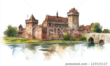 Malbork Castle. Malbork Castle hand drawn watercolor illustration Malbork Castle. Malbork Castle hand drawn watercolor illustration 125515117
