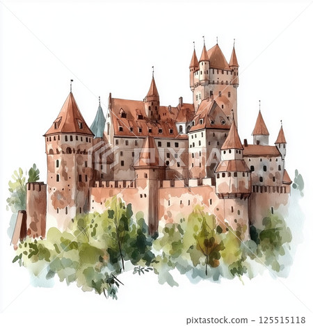 Malbork Castle. Malbork Castle hand drawn watercolor illustration Malbork Castle. Malbork Castle hand drawn watercolor illustration 125515118