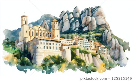 Montserrat Monastery. Montserrat Monastery hand drawn watercolor illustration 125515149