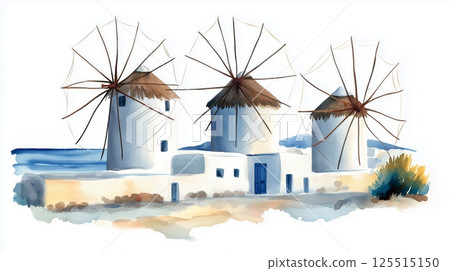 Mykonos Windmills. Mykonos Windmills hand drawn watercolor illustration 125515150