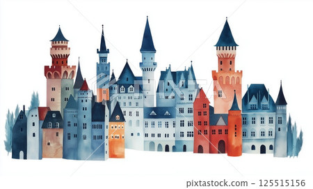 Neuschwanstein Castle. Neuschwanstein Castle hand drawn watercolor illustration Neuschwanstein Castle. Neuschwanstein Castle hand drawn watercolor illustration 125515156