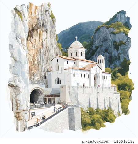 Ostrog Monastery. Ostrog Monastery hand drawn watercolor illustration Ostrog Monastery. Ostrog Monastery hand drawn watercolor illustration 125515183