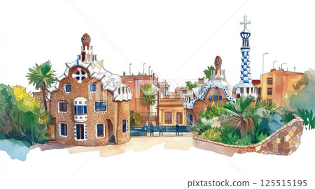 Park Guell. Park Guell hand drawn watercolor illustration 125515195