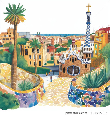 Park Guell. Park Guell hand drawn watercolor illustration 125515196