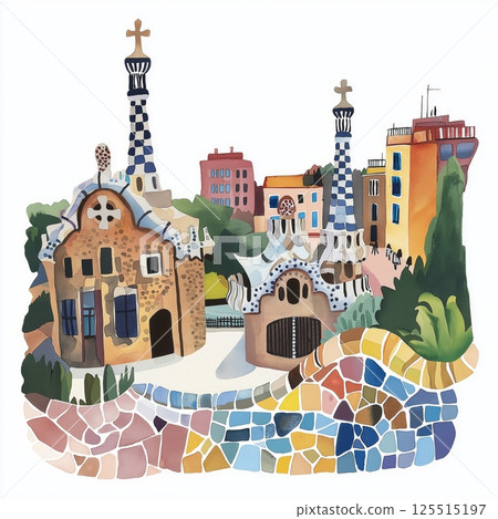 Park Guell. Park Guell hand drawn watercolor illustration 125515197