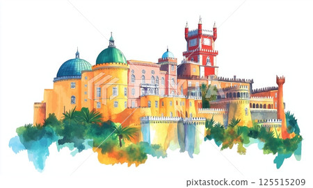 Pena Palace. Pena Palace hand drawn watercolor illustration 125515209