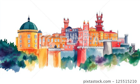 Pena Palace. Pena Palace hand drawn watercolor illustration Pena Palace. Pena Palace hand drawn watercolor illustration 125515210