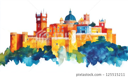 Pena Palace. Pena Palace hand drawn watercolor illustration Pena Palace. Pena Palace hand drawn watercolor illustration 125515211