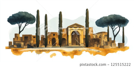 Pompeii Ruins. Pompeii Ruins hand drawn watercolor illustration 125515222