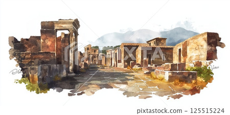 Pompeii Ruins. Pompeii Ruins hand drawn watercolor illustration Pompeii Ruins. Pompeii Ruins hand drawn watercolor illustration 125515224