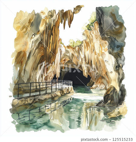 Postojna Cave. Postojna Cave hand drawn watercolor illustration Postojna Cave. Postojna Cave hand drawn watercolor illustration 125515233