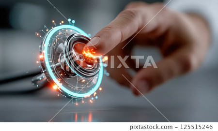Doctor hand interacting with a futuristic glowing holographic stethoscope interface, symbolizing modern healthcare technology 125515246