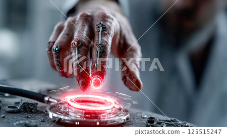 Detailed close-up of a cybernetic hand touching a red glowing futuristic medical interface, symbolizing biotechnology and advanced healthcare 125515247