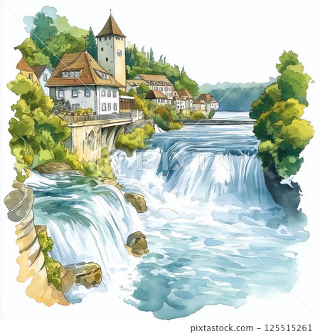 Rhine Falls. Rhine Falls hand drawn watercolor illustration 125515261