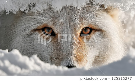 Close-up view of a white fluffy fox with brown eyes in a snowy snow drift 125515277