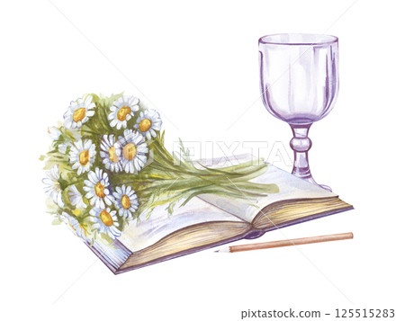 Watercolor summer still life with an open book, a bouquet of daisies lying on it, a pencil and a beautiful glass glass. Each element is hand-drawn. The illustration is isolated on a white background. 125515283