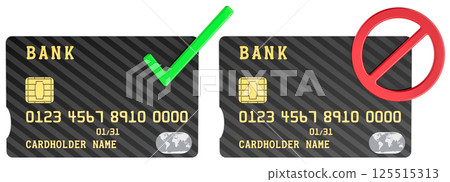 Credit cards with green check mark and prohibition, blocked symbol. 3D rendering Credit cards with green check mark and prohibition, blocked symbol. 3D rendering 125515313