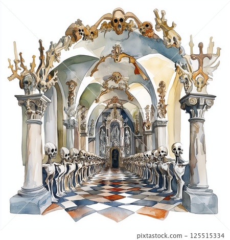Sedlec Ossuary. Sedlec Ossuary hand drawn watercolor illustration 125515334