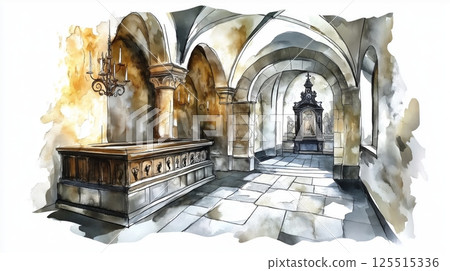 Sedlec Ossuary. Sedlec Ossuary hand drawn watercolor illustration Sedlec Ossuary. Sedlec Ossuary hand drawn watercolor illustration 125515336