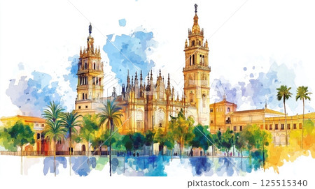 Seville Cathedral and La Giralda. Seville Cathedral and La Giralda hand drawn watercolor illustration Seville Cathedral and La Giralda. Seville Cathedral and La Giralda hand drawn watercolor illustration 125515340