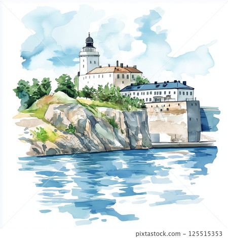 Suomenlinna Fortress. Suomenlinna Fortress hand drawn watercolor illustration Suomenlinna Fortress. Suomenlinna Fortress hand drawn watercolor illustration 125515353