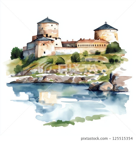 Suomenlinna Fortress. Suomenlinna Fortress hand drawn watercolor illustration 125515354
