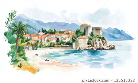 Sveti Stefan. Sveti Stefan hand drawn watercolor illustration Sveti Stefan. Sveti Stefan hand drawn watercolor illustration 125515358