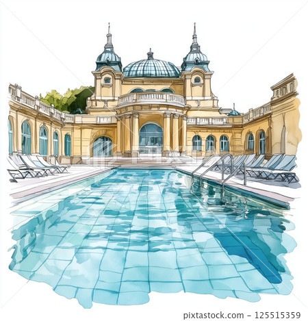 Szechenyi Thermal Bath. Szechenyi Thermal Bath hand drawn watercolor illustration 125515359