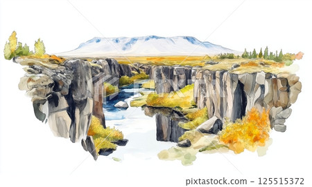 Thingvellir National Park. Thingvellir National Park hand drawn watercolor illustration Thingvellir National Park. Thingvellir National Park hand drawn watercolor illustration 125515372