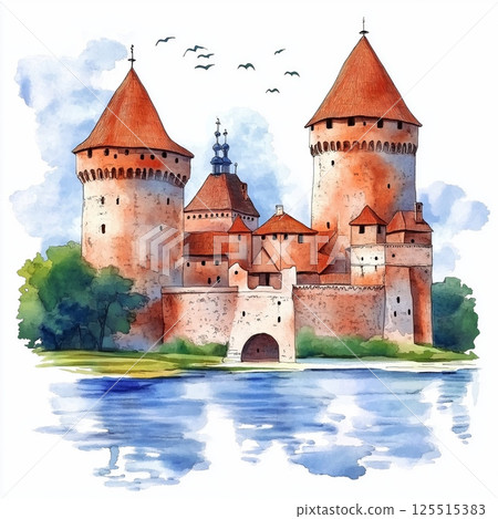Trakai Island Castle. Trakai Island Castle hand drawn watercolor illustration Trakai Island Castle. Trakai Island Castle hand drawn watercolor illustration 125515383