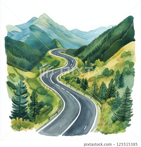 Transfagarasan Highway. Transfagarasan Highway hand drawn watercolor illustration 125515385