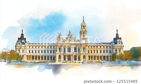Royal Palace of Madrid. Royal Palace of Madrid hand drawn watercolor illustration Royal Palace of Madrid. Royal Palace of Madrid hand drawn watercolor illustration 125515405