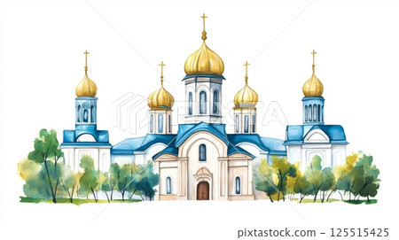 St. Sophias Cathedral. St. Sophias Cathedral hand drawn watercolor illustration 125515425