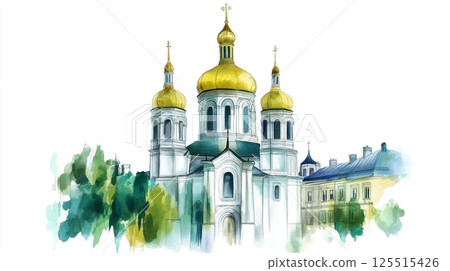 St. Sophias Cathedral. St. Sophias Cathedral hand drawn watercolor illustration 125515426