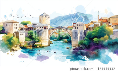 Stari Most. Stari Most hand drawn watercolor illustration 125515432