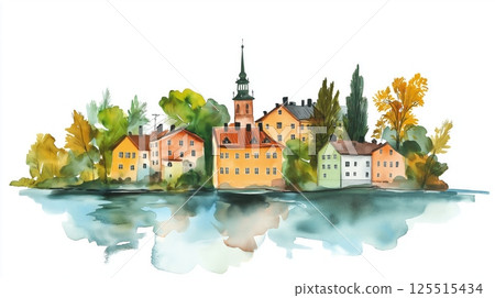 Stockholm Archipelago. Stockholm Archipelago hand drawn watercolor illustration Stockholm Archipelago. Stockholm Archipelago hand drawn watercolor illustration 125515434