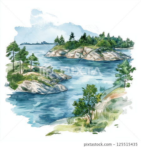Stockholm Archipelago. Stockholm Archipelago hand drawn watercolor illustration 125515435
