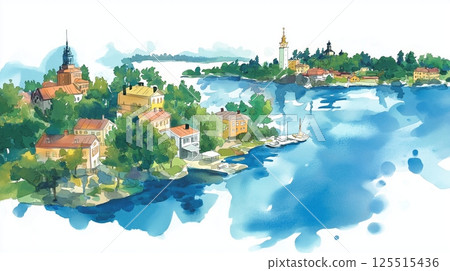Stockholm Archipelago. Stockholm Archipelago hand drawn watercolor illustration Stockholm Archipelago. Stockholm Archipelago hand drawn watercolor illustration 125515436