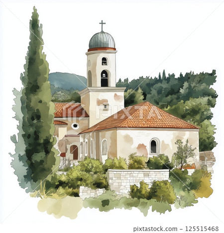 Studenica Monastery. Studenica Monastery hand drawn watercolor illustration Studenica Monastery. Studenica Monastery hand drawn watercolor illustration 125515468