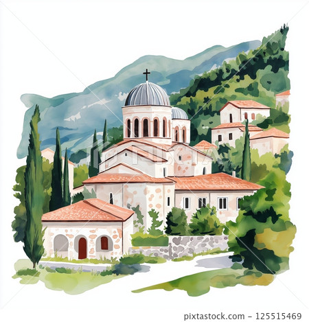Studenica Monastery. Studenica Monastery hand drawn watercolor illustration 125515469