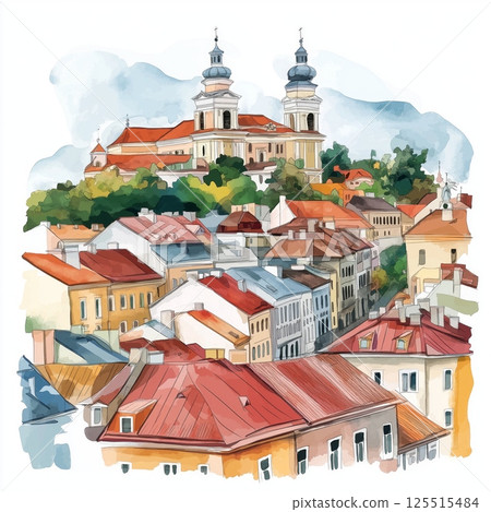 Vilnius Old Town. Vilnius Old Town hand drawn watercolor illustration Vilnius Old Town. Vilnius Old Town hand drawn watercolor illustration 125515484
