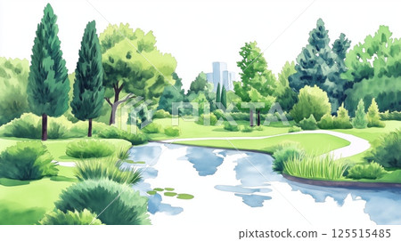 Vrelo Bosne park. Vrelo Bosne park hand drawn watercolor illustration Vrelo Bosne park. Vrelo Bosne park hand drawn watercolor illustration 125515485