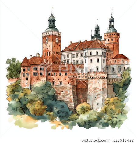 Wawel Castle. Wawel Castle hand drawn watercolor illustration 125515488